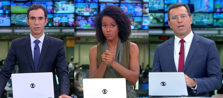 César Tralli, Maju Coutinho e Rodrigo Bocardi não disfarçam insatisfação por apresentar o Jornal Hoje aos sábados (foto: Montagem/TV Globo)