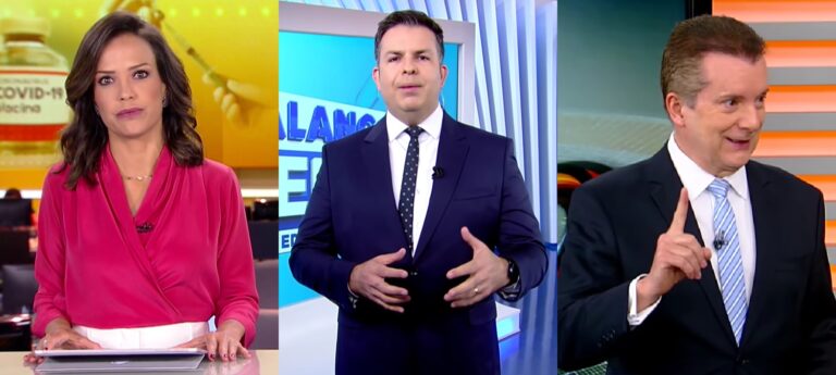 Fabiana Oliveira, Matheus Furlan e Celso Russomanno nos noticiários da Record em 6 de março: audiência em alta (foto: Montagem/Reprodução/Record)