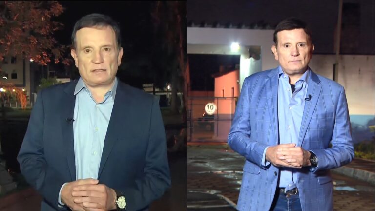 Roberto Cabrini foi ao ar na Record e no SBT ao mesmo dia: de preto, no programa inédito; de azul, na reprise de 2019 (foto: Montagem/Record e SBT)