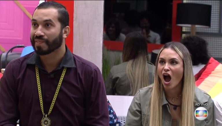 Gilberto Nogueira e Sarah Andrade ficaram chocados com mais uma ação publicitária no BBB (foto: Reprodução/TV Globo)