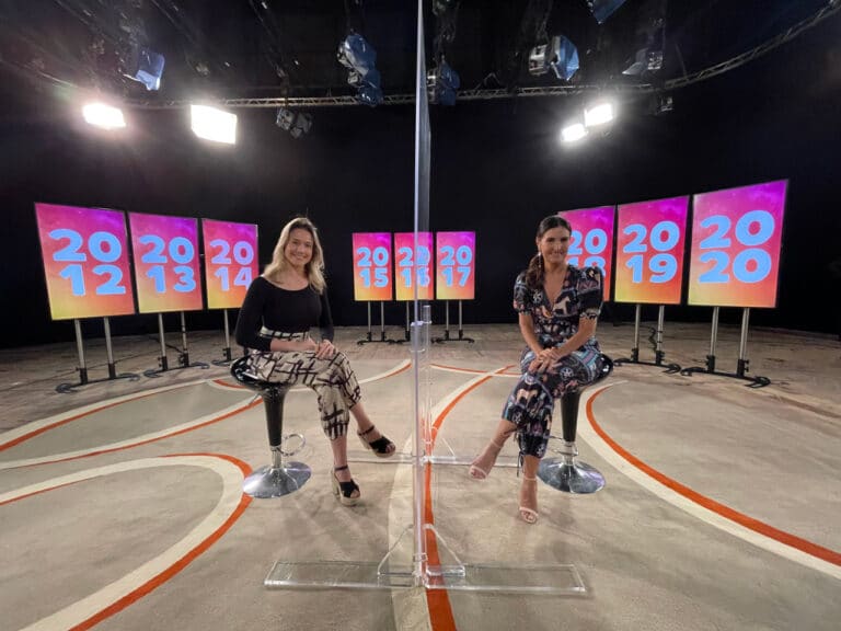 Fernanda Gentil e Fátima Bernardes; apresentadora do Encontro ganha homenagem pelos nove anos do programa (foto: Globo/Caio Coutinho)