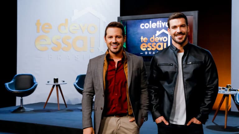 O apresentador Dony De Nuccio e o arquiteto Renato Mendonça na coletiva do reality Te Devo Essa! Brasil (foto: Beatriz Nadler/SBT)