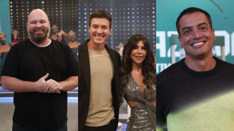 Montagem das fotos de Chico Barney, Rodrigo Faro com Liziane Gutierrez e Leo Dias no cenário do programa Hora do Faro