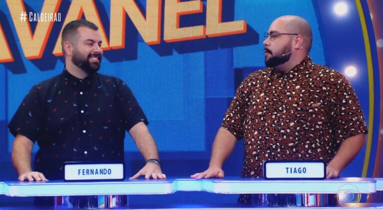 Imagem de Fernando Pole (à esquerda) e Tiago Abravanel durante participação no programa Caldeirão