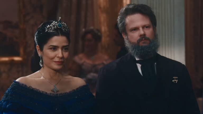 Imagem com foto da Imperatriz Thereza Cristina (Leticia Sabatella) e do Imperador Dom Pedro II (Selton Melo) em cena do capítulo deste sábado (27) da novela Nos Tempos do Imperador