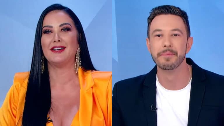 Imagem com montagem das fotos dos apresentadores Helen Ganzarolli e Gabriel Cartolano