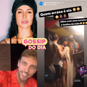 Imagem do momento em que Aline Mineiro beija mulher na frente de Leo Lins