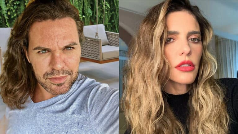 Imagem com montagens das fotos do cantor Eduardo Costa e da apresentadora Fernanda Lima