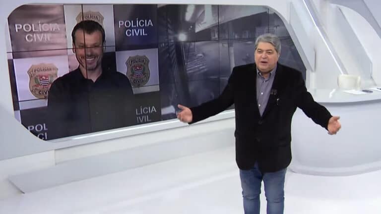 Imagem com foto do repórter Lucas Martins e Datena no Brasil Urgente