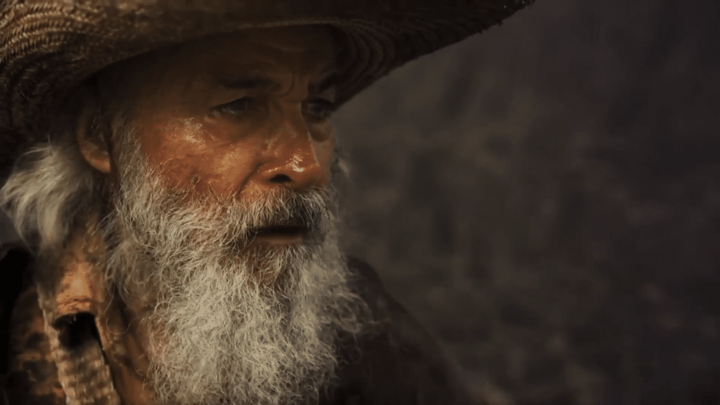 Imagem com foto do ator Osmar Prado como Velho do Rio em cena da novela Pantanal