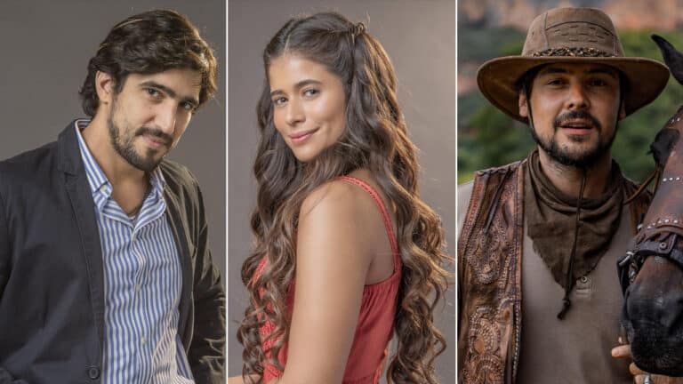 Imagem com foto dos atores Renato Góes, Isadora Cruz e Sergio Guizé, protagonistas de Mar do Sertão