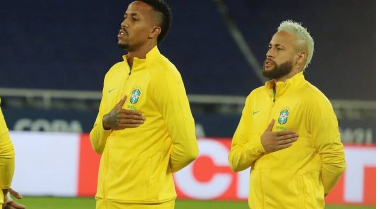 Foto de Éder Miltão e Neymar Jr. em treino do Brasil