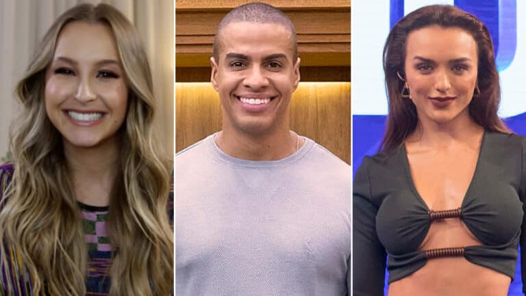 Imagem com foto de Carla Diaz, Thiago Oliveira e Rafa Kalimann, participantes da Dança dos Famosos 2023