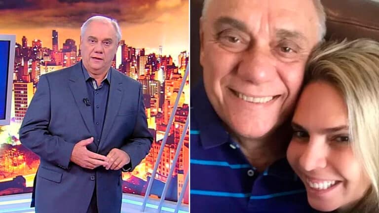 Imagem com montagem das fotos de Marcelo Rezende no Cidade Alerta e em foto ao lado de Luciana Lacerda