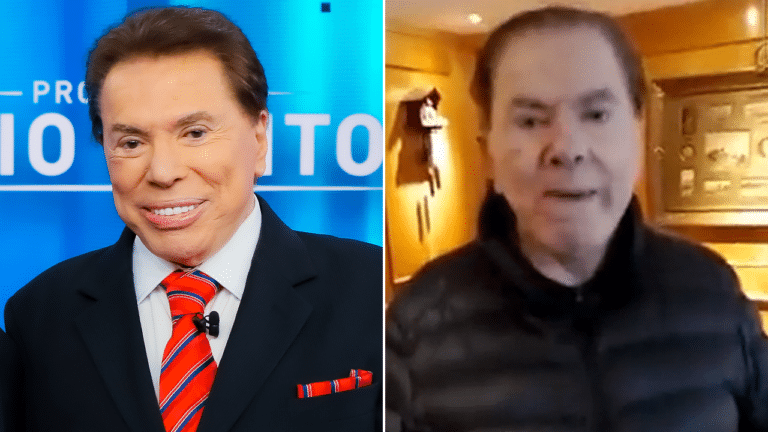 Imagem com montagem das fotos do apresentador Silvio Santos com e sem dentadura