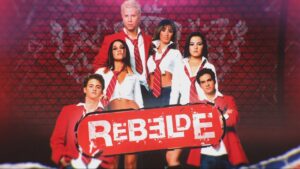 Imagem com logotipo da novela Rebelde