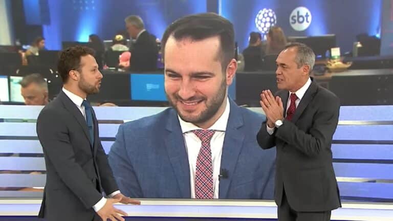 Foto dos apresentadores Lucas Rocha, João Salgado e Sandro Dalpícolo, da Rede Massa, TV de Ratinho