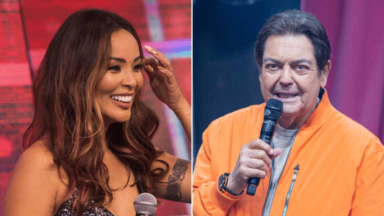 Montagem das fotos de Carol Nakamura e Fausto Silva no Faustão na Band