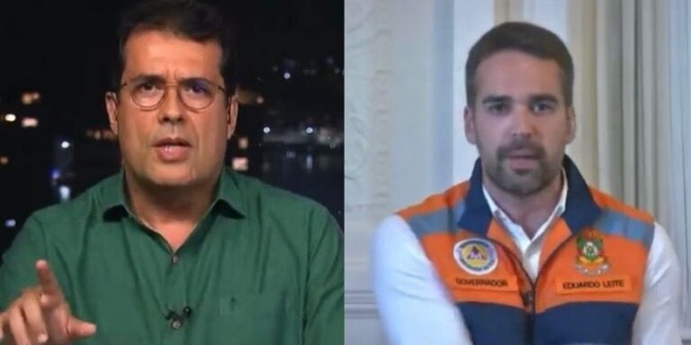 Foto de André Trigueiro, apresentador do Jornal Nacional, e Eduardo Leite na GloboNews