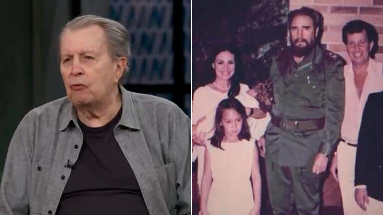 Montagem com a foto de Daniel Filho no Conversa com Bial e do registro em que ele e Regina Duarte aparecem ao lado de Fidel Castro