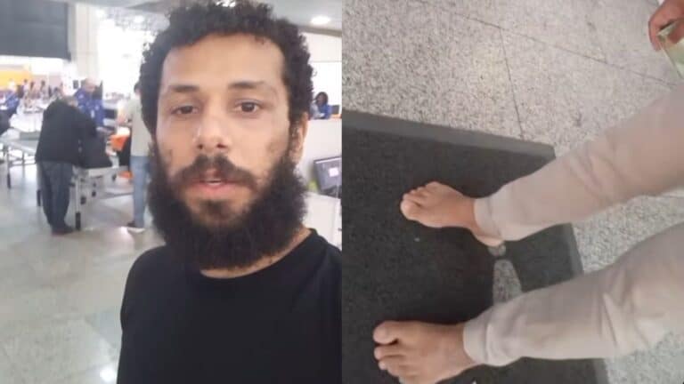 Foto de Amaury Lorenzo descalço em aeroporto