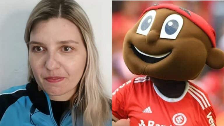 Foto da jornalista Gisele Kümpel e do mascote do Internacional