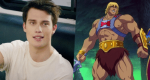 Montagem de Nicholas Galitzine ao lado do personagem He-Man