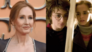 Montagem com J.K Rowling, Daniel Radcliffe e Emma Watson, do elenco de Harry Potter