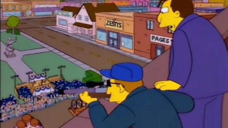 Foto de cena de Os Simpsons com atirador mirando em presidente