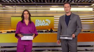 Foto de Camila Busnello e Eduardo Ribeiro apresentando o Fala Brasil