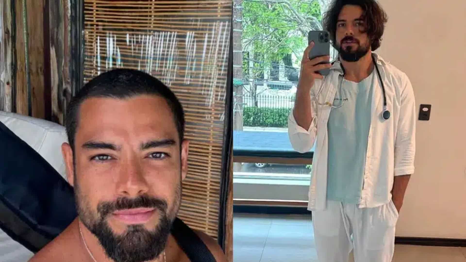 Montagem de rosto de Pedro Andrade com cabelo raspado ao lado dele com uniforme de médico e cabelo longo