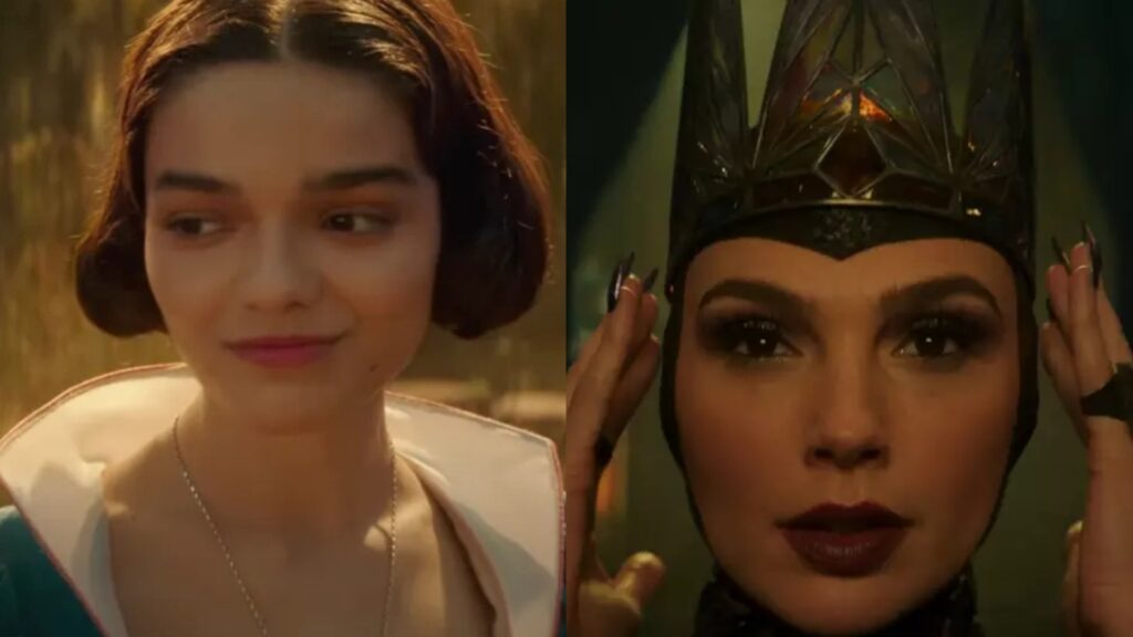 Montagem de fotos com Rachel Zegler e Gal Gadot no trailer de Branca de Neve