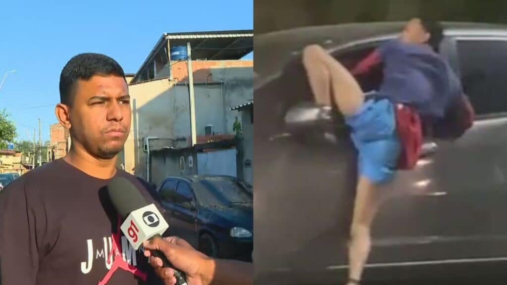 Montagem com fotos do motorista Rafael Queiroz dando entrevista à Globo e um print do vídeo de assaltante preso com a mão em carro