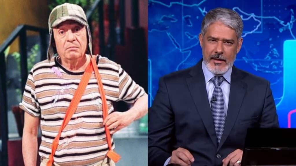 Montagem de foto de Chaves e de William Bonner, que está na bancada do Jornal Nacional na Globo