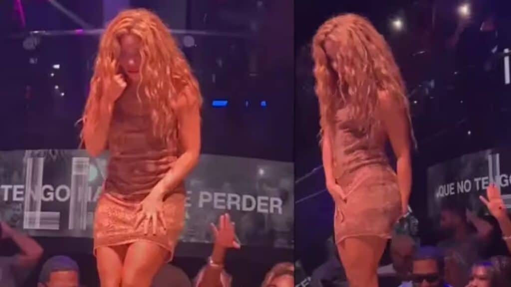 Montagem de fotos de Shakira em cima de palco usando vestido curto; em uma delas, ela aparece tampando entrada do modelito com as mãos