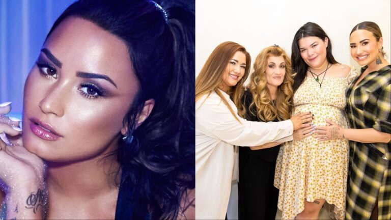 Montagem de foto de Demi Lovato sozinha e a cantora segurando barriga da irmã com outras familiares