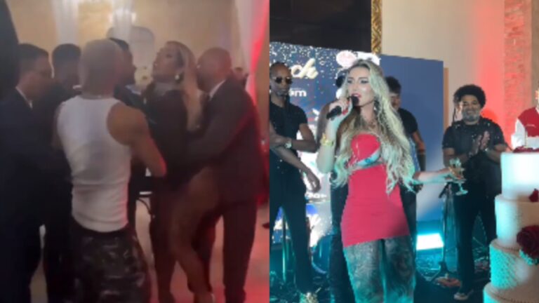 Montagem de fotos que mostram Juju Ferrari sendo contida por seguranças e Andressa Urach com microfone na mão