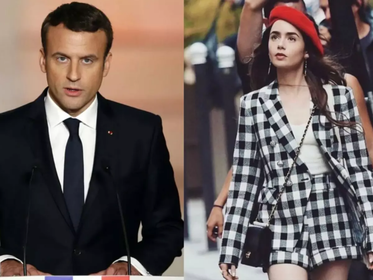 Montagem com Emmanuel Macron e Lily Collins, protagonista de Emily in Paris