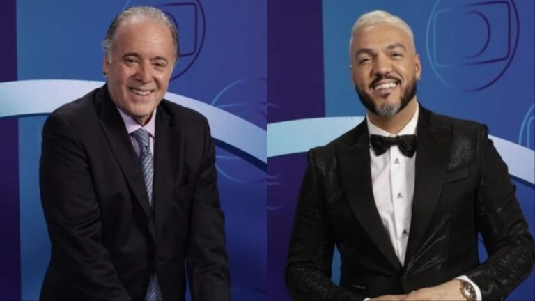 Montagem de fotos de Tony Ramos e Belo no evento Upfront 2025; famosos serão jurados do The Masked Singer Brasil