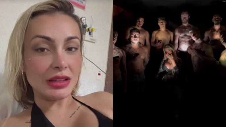 Foto de Andressa Urach ao lado de imagem dela com homens pelados atrás