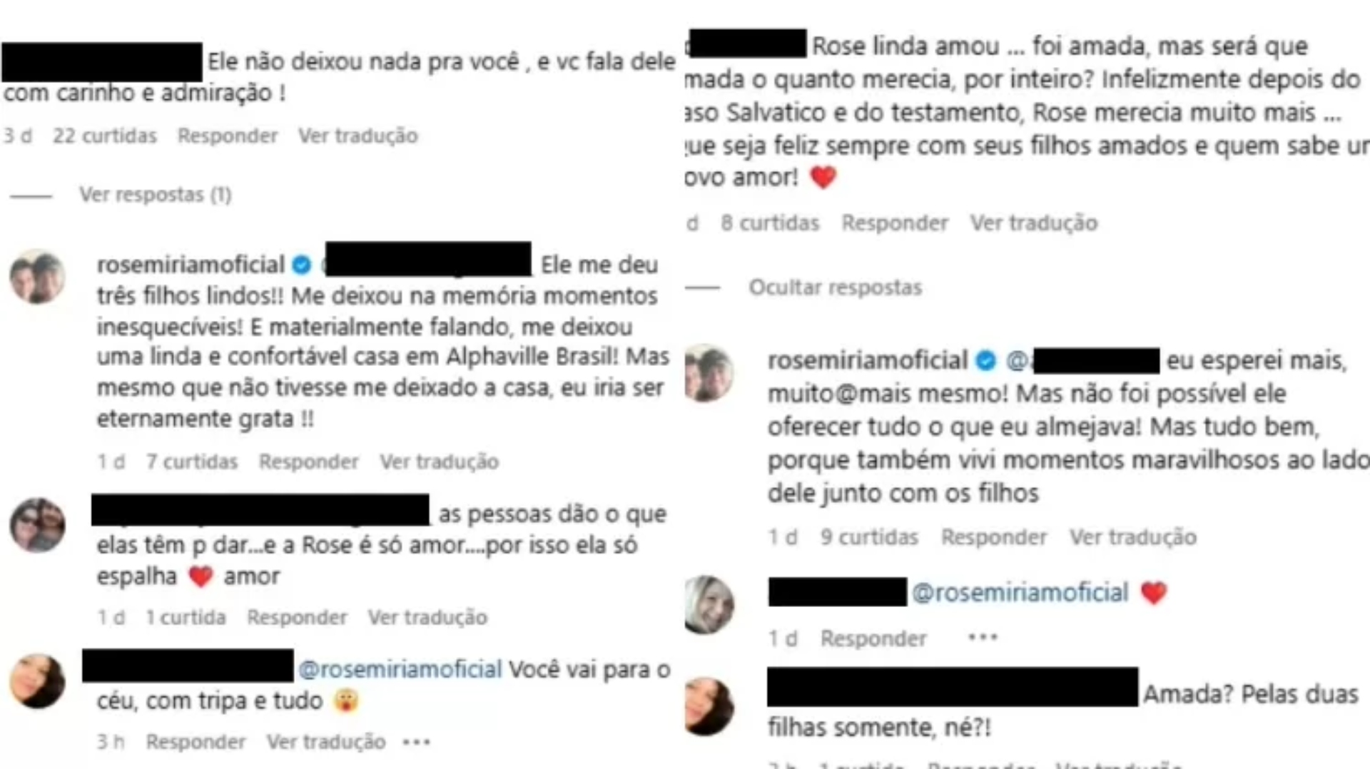 Print de respostas de Rose Miriam a seguidores no Instagram