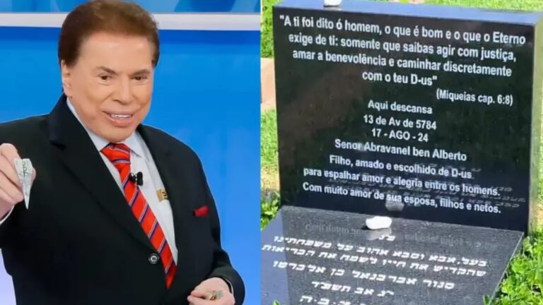 Montagem de foto de Silvio Santos ao lado de lápide