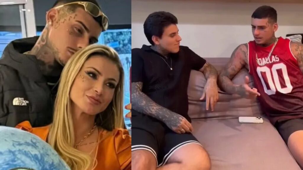 Montagem de fotos de Andressa Urach com o namorado, Cassiano França, e do namorado com o filho, Arthur Urach