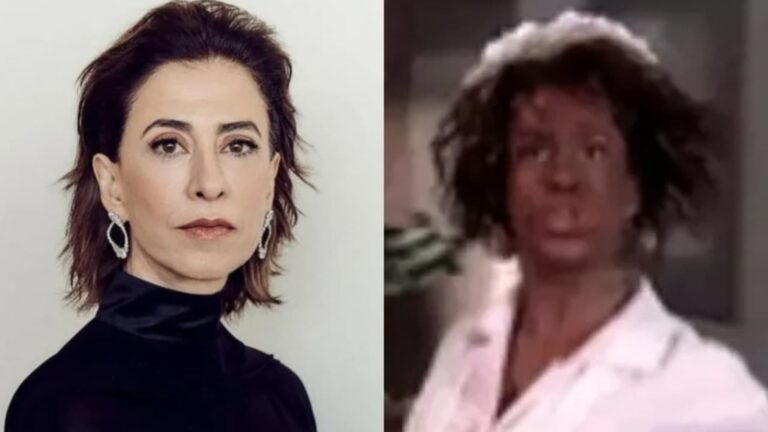 Montagem de fotos de Fernanda Torres no Globo de Ouro e praticando blackface em quadro do Fantástico