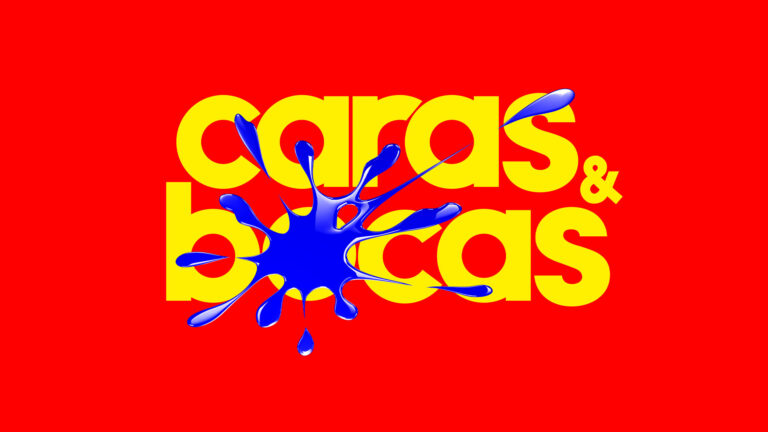 Logotipo da novela Caras & Bocas com letras amarelas sobre fundo vermelho e uma mancha de tinta azul no centro