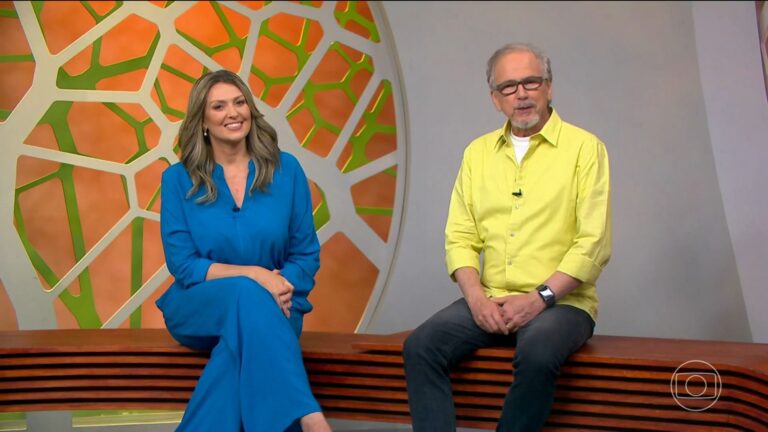 Foto de Cristina Vieira e Nélson Araújo no estúdio do Globo Rural