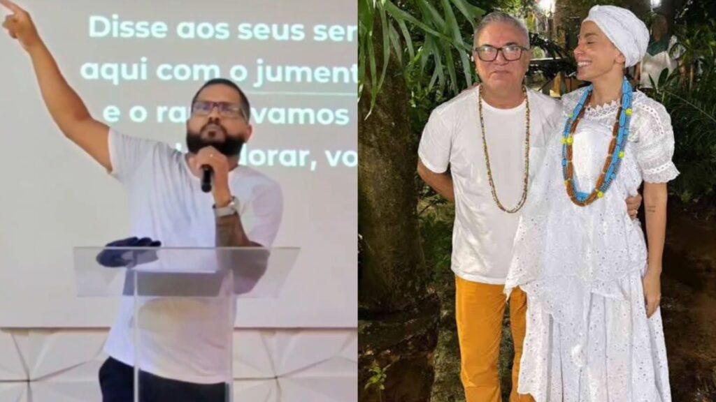 Montagem de fotos de pastor e de Anitta com pai de santo em terreiro