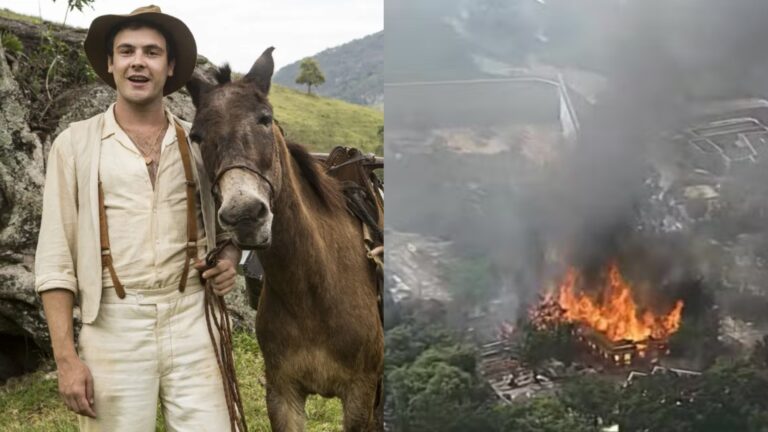 Montagem de fotos de Sergio Guizé em novela e incêndio em estúdios da Globo