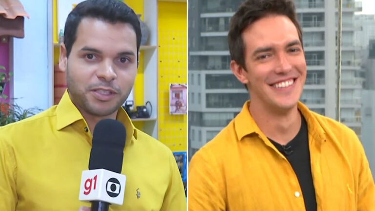 Os repórteres da Globo João Neto e Alessandro Jodar usando camisas amarelas semelhantes durante participações no jornal Bom Dia São Paulo