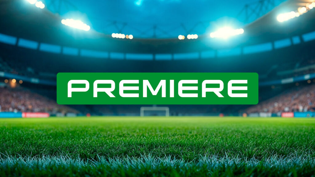 Logotipo do canal Premiere, da Globo, sobre um campo de futebol iluminado em um estádio lotado